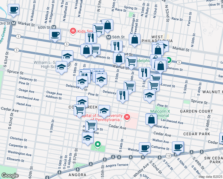 map of restaurants, bars, coffee shops, grocery stores, and more near 5512 Spruce Street in Philadelphia
