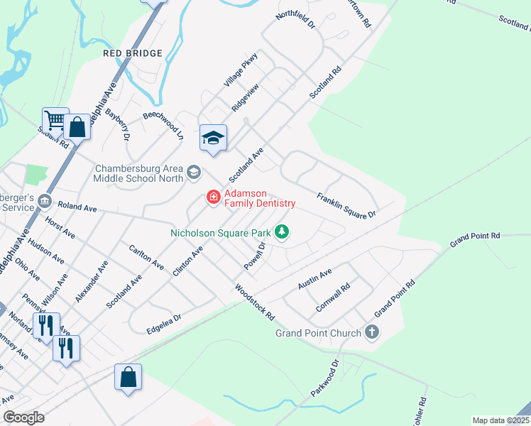 map of restaurants, bars, coffee shops, grocery stores, and more near 1996 Ashley Drive in Chambersburg