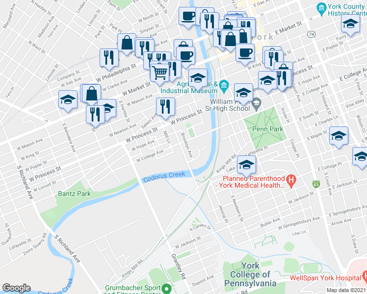 map of restaurants, bars, coffee shops, grocery stores, and more near 311 South Penn Street in York