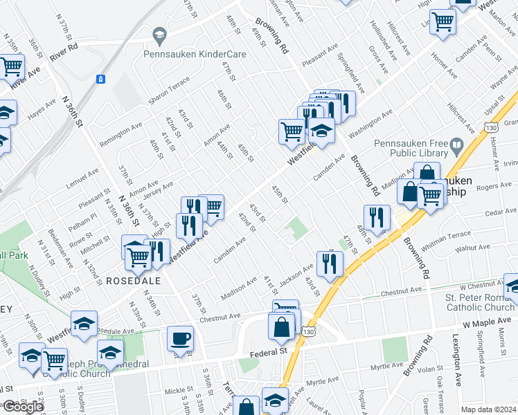 map of restaurants, bars, coffee shops, grocery stores, and more near 2130 43rd Street in Pennsauken Township