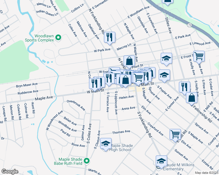 map of restaurants, bars, coffee shops, grocery stores, and more near 14 North Terrace Avenue in Maple Shade