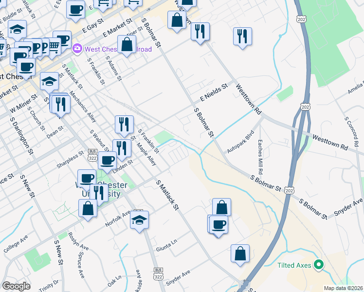 map of restaurants, bars, coffee shops, grocery stores, and more near 701 South Penn Street in West Chester