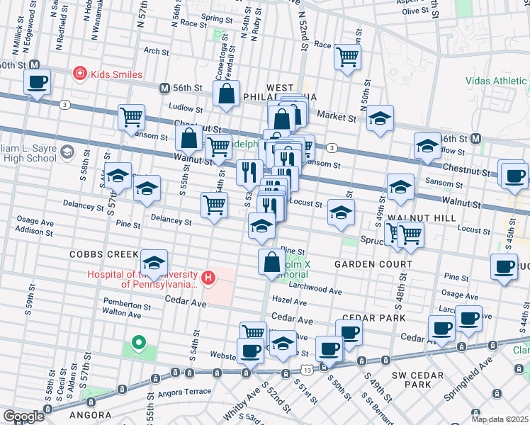map of restaurants, bars, coffee shops, grocery stores, and more near 5220 Irving Street in Philadelphia