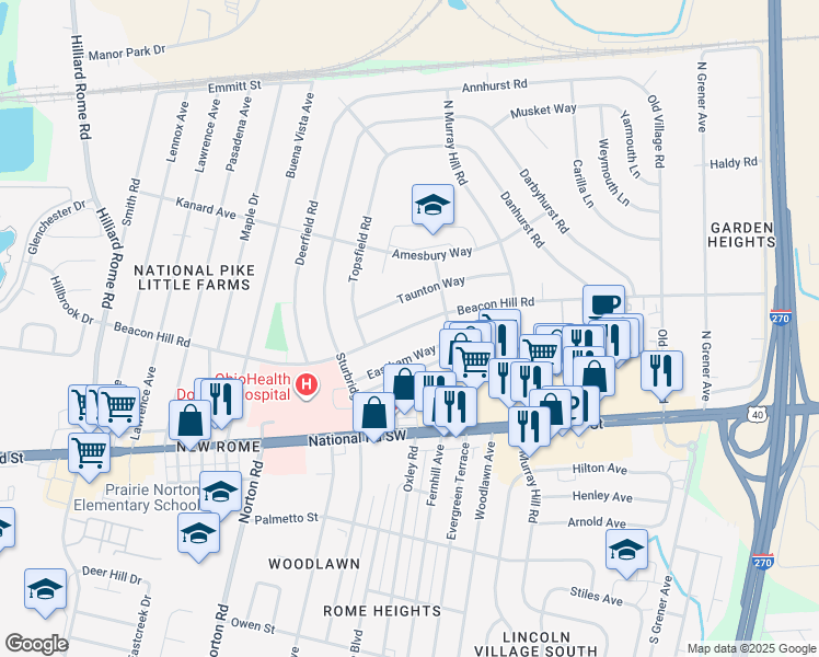 map of restaurants, bars, coffee shops, grocery stores, and more near 4955 Beacon Hill Road in Columbus