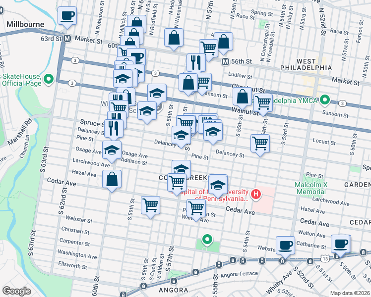 map of restaurants, bars, coffee shops, grocery stores, and more near 5729 Delancey Street in Philadelphia