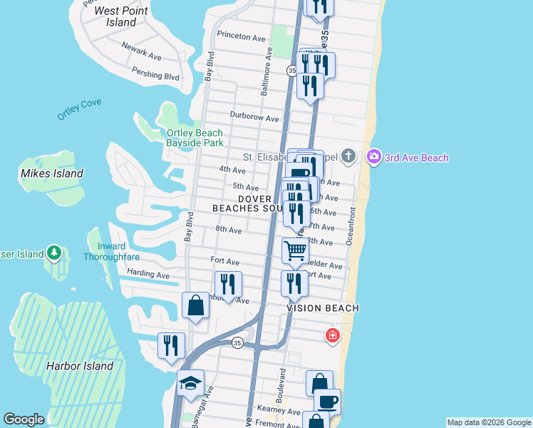 map of restaurants, bars, coffee shops, grocery stores, and more near 407 West Pennsylvania Avenue in Seaside Heights