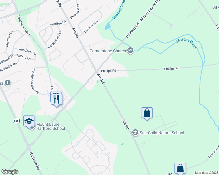 map of restaurants, bars, coffee shops, grocery stores, and more near 309 Ark Road in Mount Laurel Township
