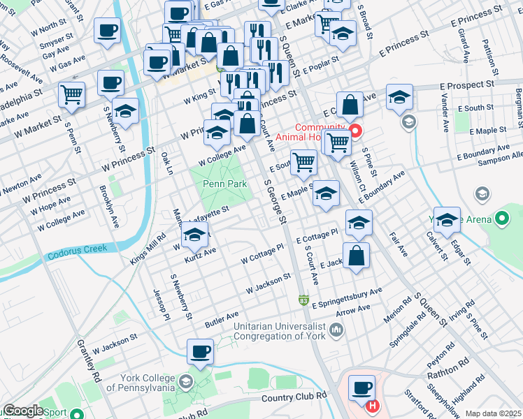 map of restaurants, bars, coffee shops, grocery stores, and more near 26 West Maple Street in York