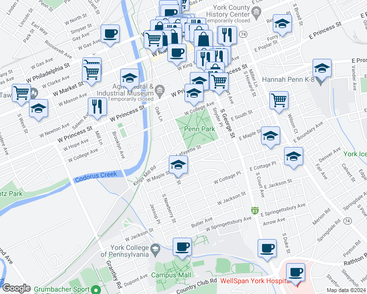 map of restaurants, bars, coffee shops, grocery stores, and more near 418 South Pershing Avenue in York