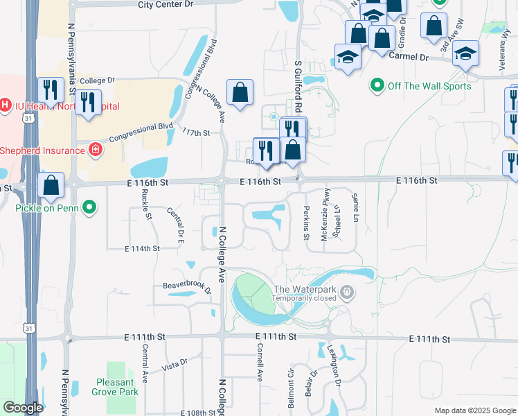 map of restaurants, bars, coffee shops, grocery stores, and more near 768 East Woodview North Drive in Carmel