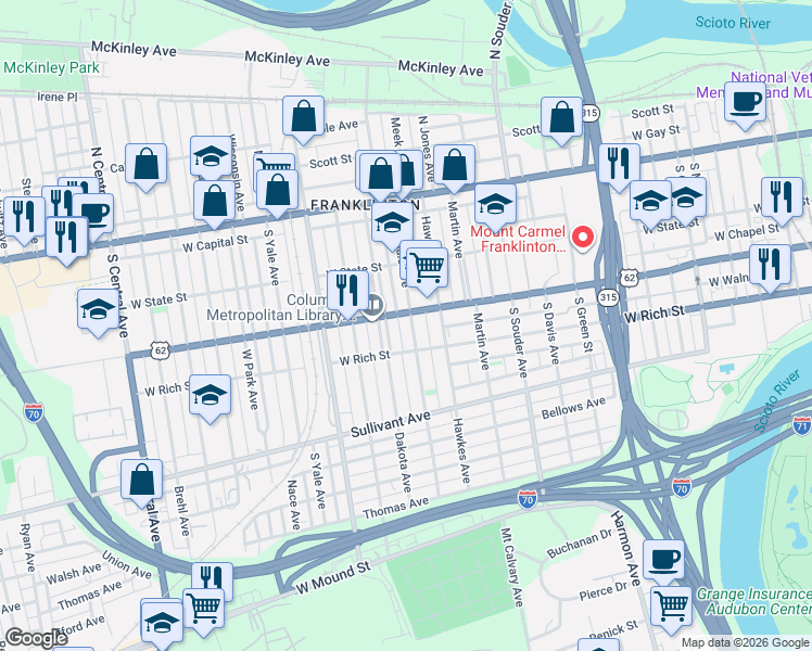 map of restaurants, bars, coffee shops, grocery stores, and more near 187 Avondale Avenue in Columbus