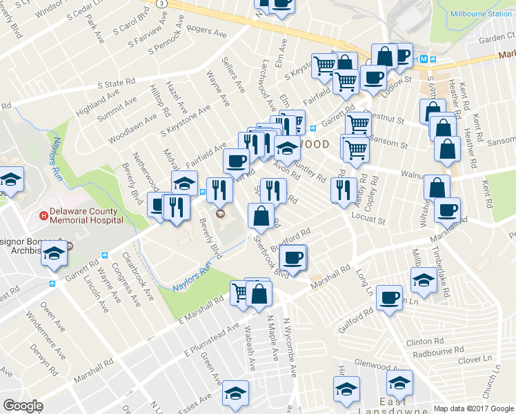map of restaurants, bars, coffee shops, grocery stores, and more near 313 Margate Road in Upper Darby