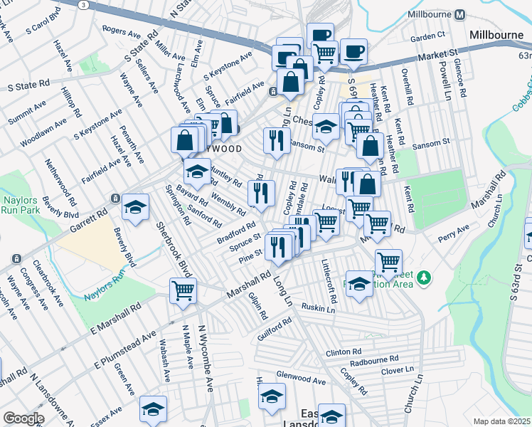 map of restaurants, bars, coffee shops, grocery stores, and more near 253 Long Lane in Delaware County