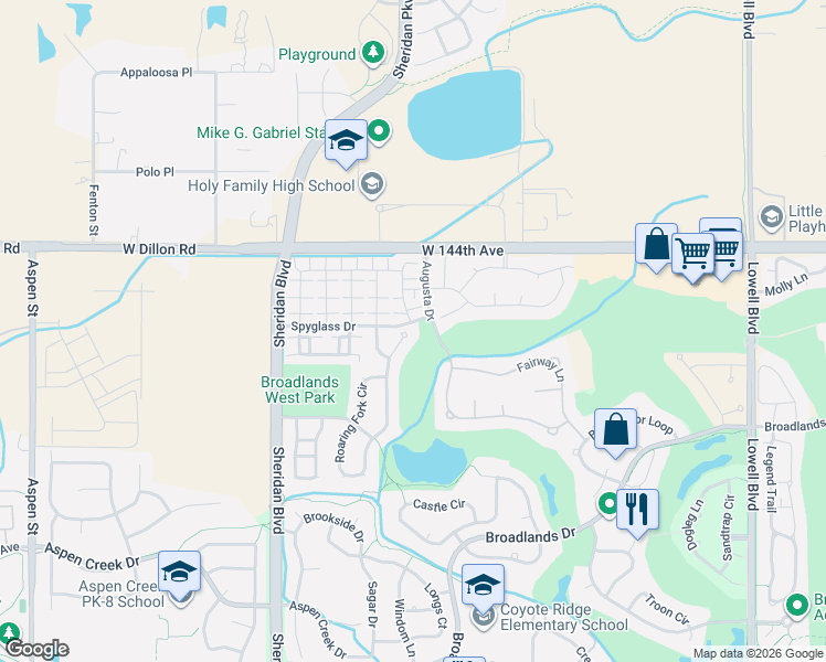 map of restaurants, bars, coffee shops, grocery stores, and more near 4801 Spyglass Drive in Broomfield