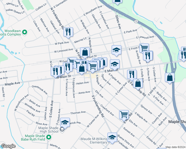 map of restaurants, bars, coffee shops, grocery stores, and more near in Maple Shade Township