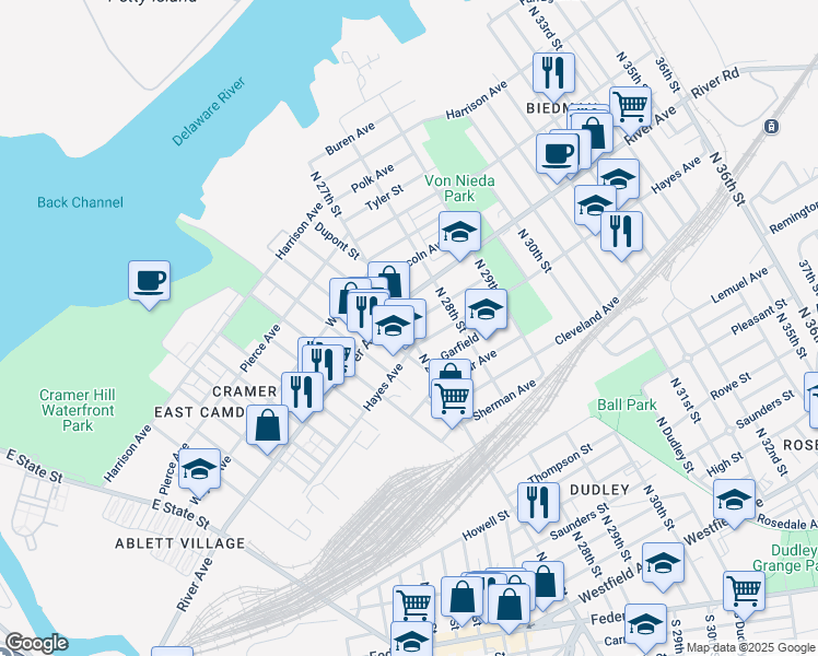 map of restaurants, bars, coffee shops, grocery stores, and more near 2704 Concord Avenue in Camden