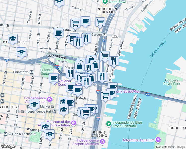 map of restaurants, bars, coffee shops, grocery stores, and more near 154 Vine Street in Philadelphia