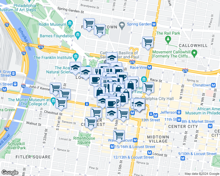 map of restaurants, bars, coffee shops, grocery stores, and more near 1631 Arch Street in Philadelphia