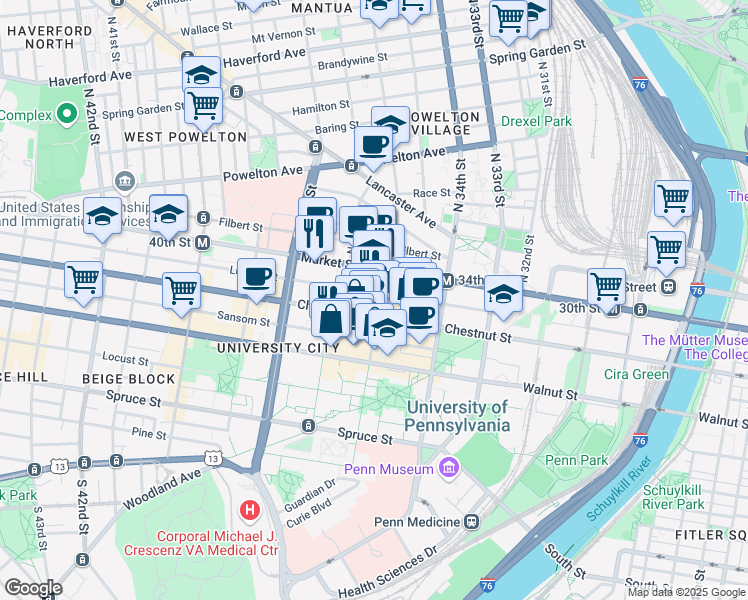 map of restaurants, bars, coffee shops, grocery stores, and more near 3624 Market Street in Philadelphia