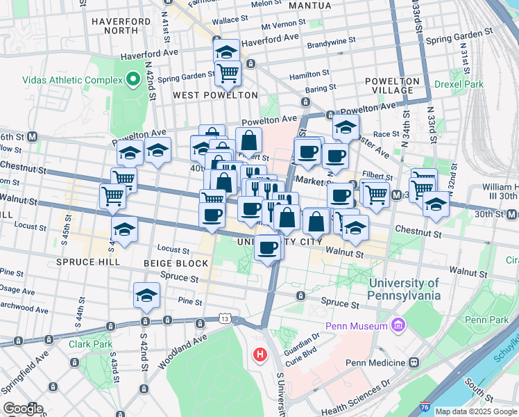 map of restaurants, bars, coffee shops, grocery stores, and more near 3900 Chestnut Street in Philadelphia