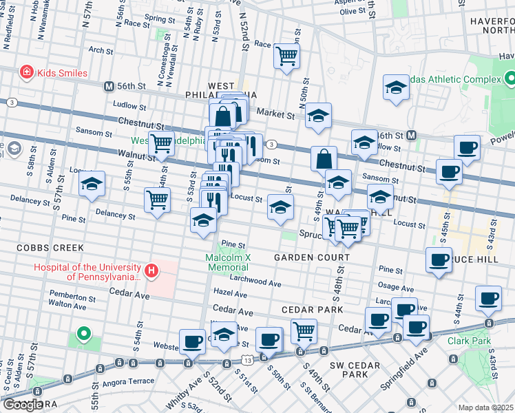 map of restaurants, bars, coffee shops, grocery stores, and more near 5047 Locust Street in Philadelphia