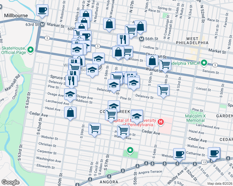 map of restaurants, bars, coffee shops, grocery stores, and more near 5729 Delancey Street in Philadelphia