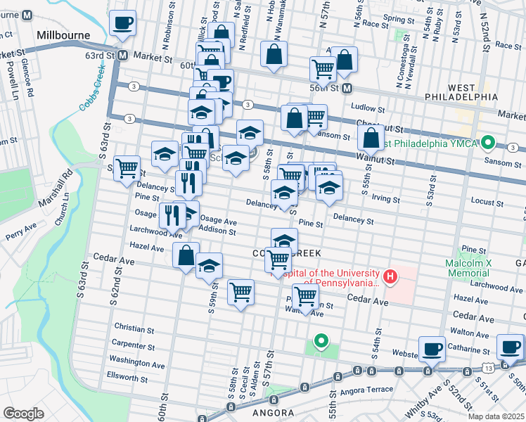map of restaurants, bars, coffee shops, grocery stores, and more near 5810 Delancey Street in Philadelphia