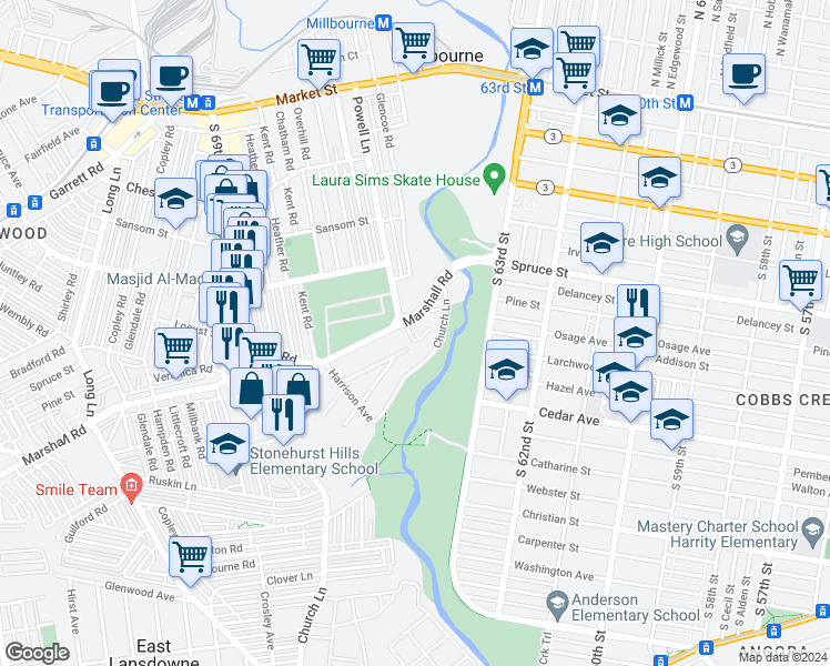 map of restaurants, bars, coffee shops, grocery stores, and more near 6605 Short Lane in Delaware County