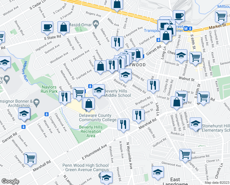 map of restaurants, bars, coffee shops, grocery stores, and more near 313 Margate Road in Upper Darby