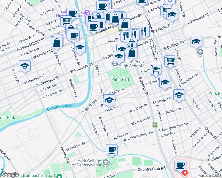 map of restaurants, bars, coffee shops, grocery stores, and more near 363 Oak Lane in York