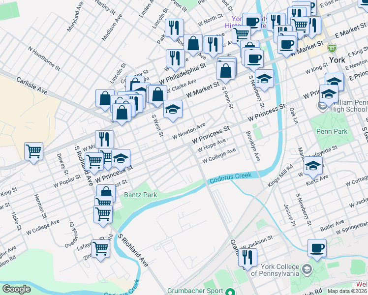 map of restaurants, bars, coffee shops, grocery stores, and more near 543 West Princess Street in York