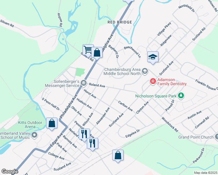 map of restaurants, bars, coffee shops, grocery stores, and more near 151 Roland Avenue in Chambersburg