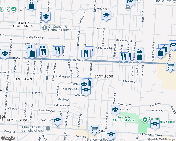 map of restaurants, bars, coffee shops, grocery stores, and more near 775 South James Road in Columbus