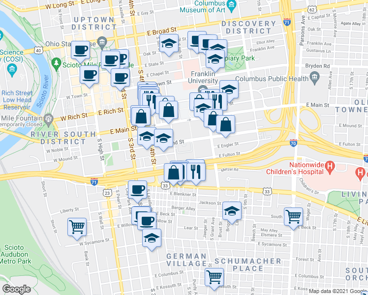 map of restaurants, bars, coffee shops, grocery stores, and more near 380 South 5th Street in Columbus