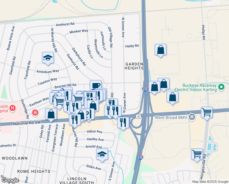 map of restaurants, bars, coffee shops, grocery stores, and more near 159 Old Village Road in Columbus