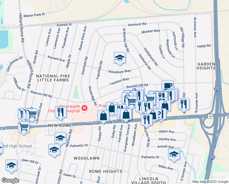 map of restaurants, bars, coffee shops, grocery stores, and more near 4926 Beacon Hill Road in Columbus