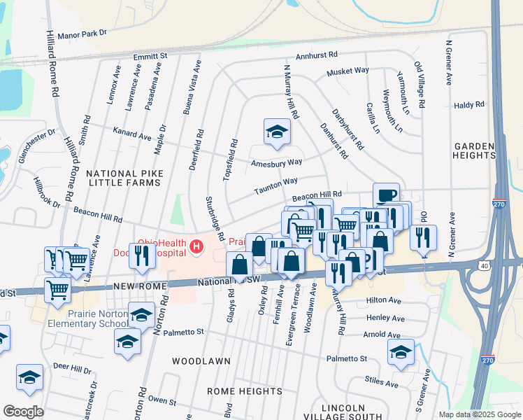 map of restaurants, bars, coffee shops, grocery stores, and more near 4926 Beacon Hill Road in Columbus