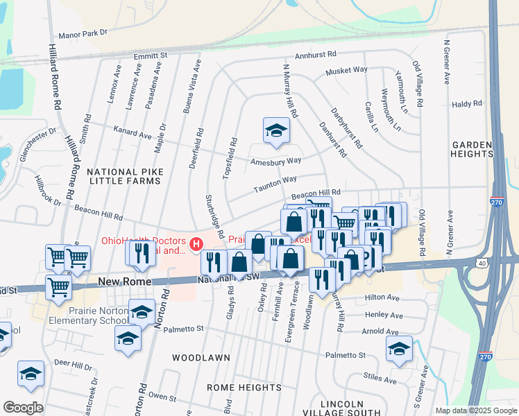 map of restaurants, bars, coffee shops, grocery stores, and more near 4991 Taunton Way in Columbus