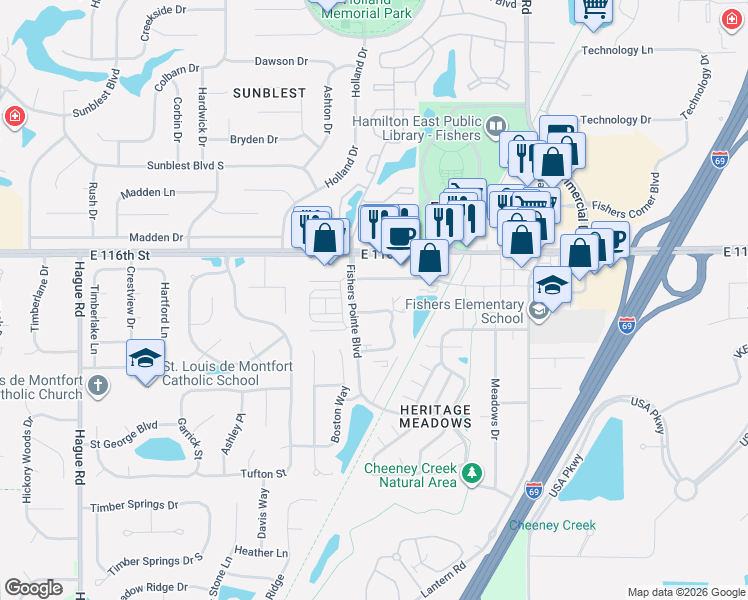 map of restaurants, bars, coffee shops, grocery stores, and more near 8409 Fishers Center Drive in Fishers
