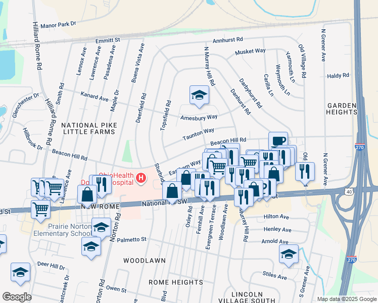 map of restaurants, bars, coffee shops, grocery stores, and more near 4953 Beacon Hill Road in Columbus