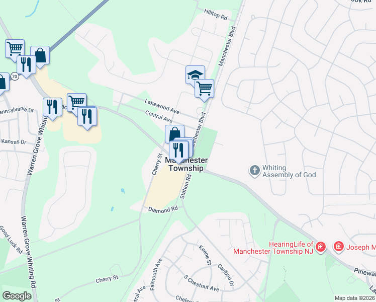map of restaurants, bars, coffee shops, grocery stores, and more near 104 Manchester Boulevard in Manchester Township