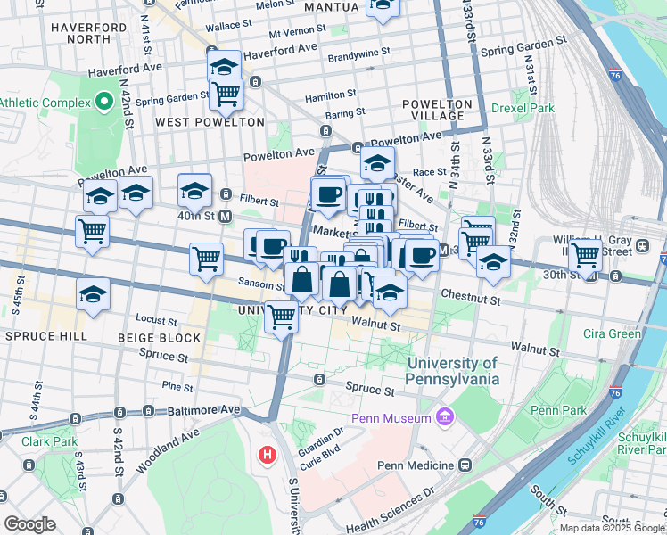 map of restaurants, bars, coffee shops, grocery stores, and more near 3701 Chestnut Street in Philadelphia
