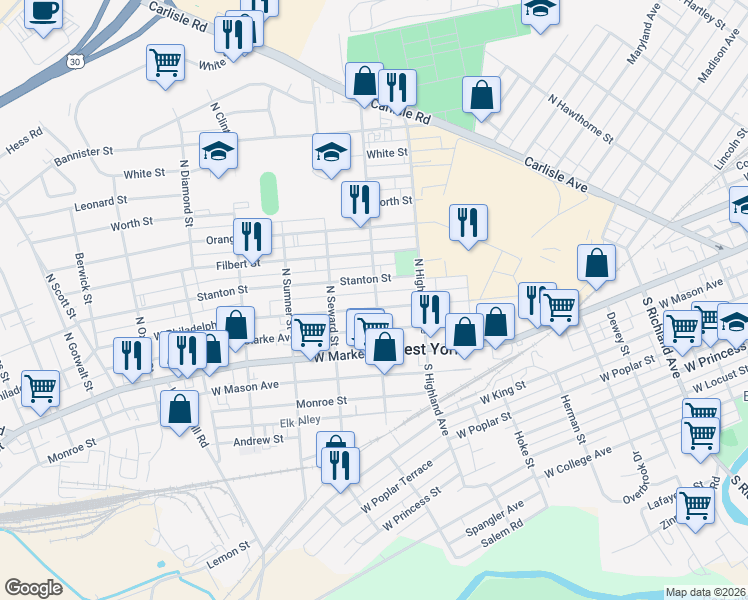 map of restaurants, bars, coffee shops, grocery stores, and more near 1497 West Philadelphia Street in West York