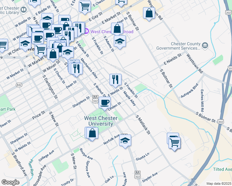 map of restaurants, bars, coffee shops, grocery stores, and more near 146 East Nields Street in West Chester