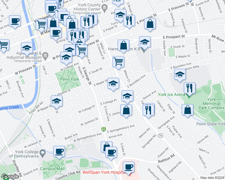map of restaurants, bars, coffee shops, grocery stores, and more near 119 East Boundary Avenue in York