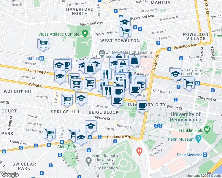 map of restaurants, bars, coffee shops, grocery stores, and more near 4039 Sansom Street in Philadelphia