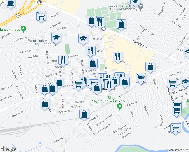 map of restaurants, bars, coffee shops, grocery stores, and more near 101 North Adams Street in West York