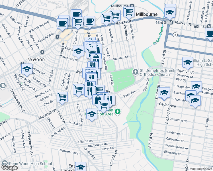 map of restaurants, bars, coffee shops, grocery stores, and more near 229 Barrington Road in Delaware County