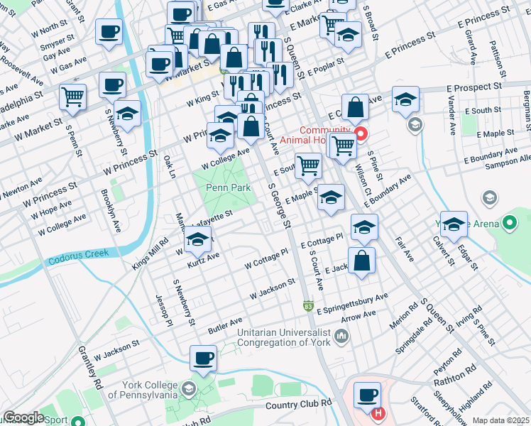 map of restaurants, bars, coffee shops, grocery stores, and more near 26 West Maple Street in York