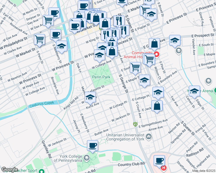 map of restaurants, bars, coffee shops, grocery stores, and more near 104 Lafayette Street in York